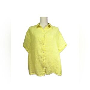 Tahari Button Down Shirt Women’s Size L 100% Linen Yellow
